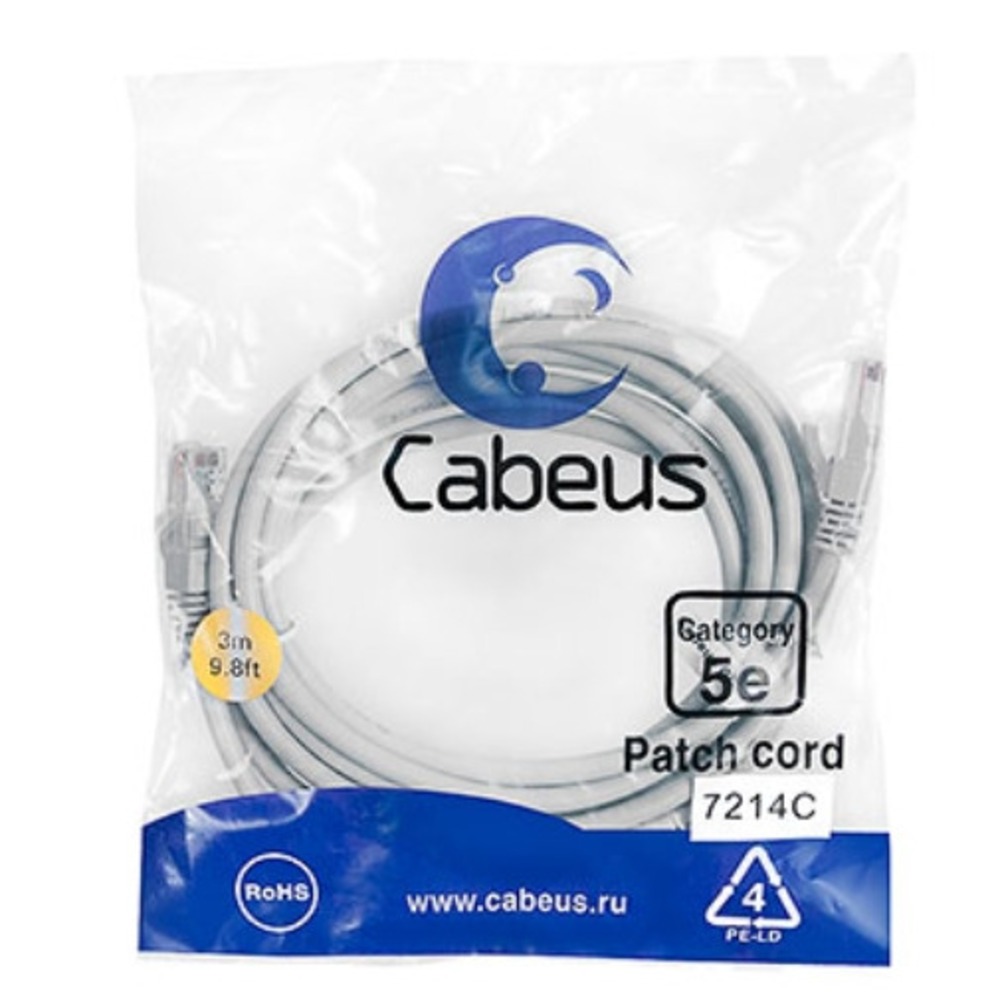 Кабель витая пара патч-корд Cabeus PC-UTP-RJ45-Cat.5e-3m